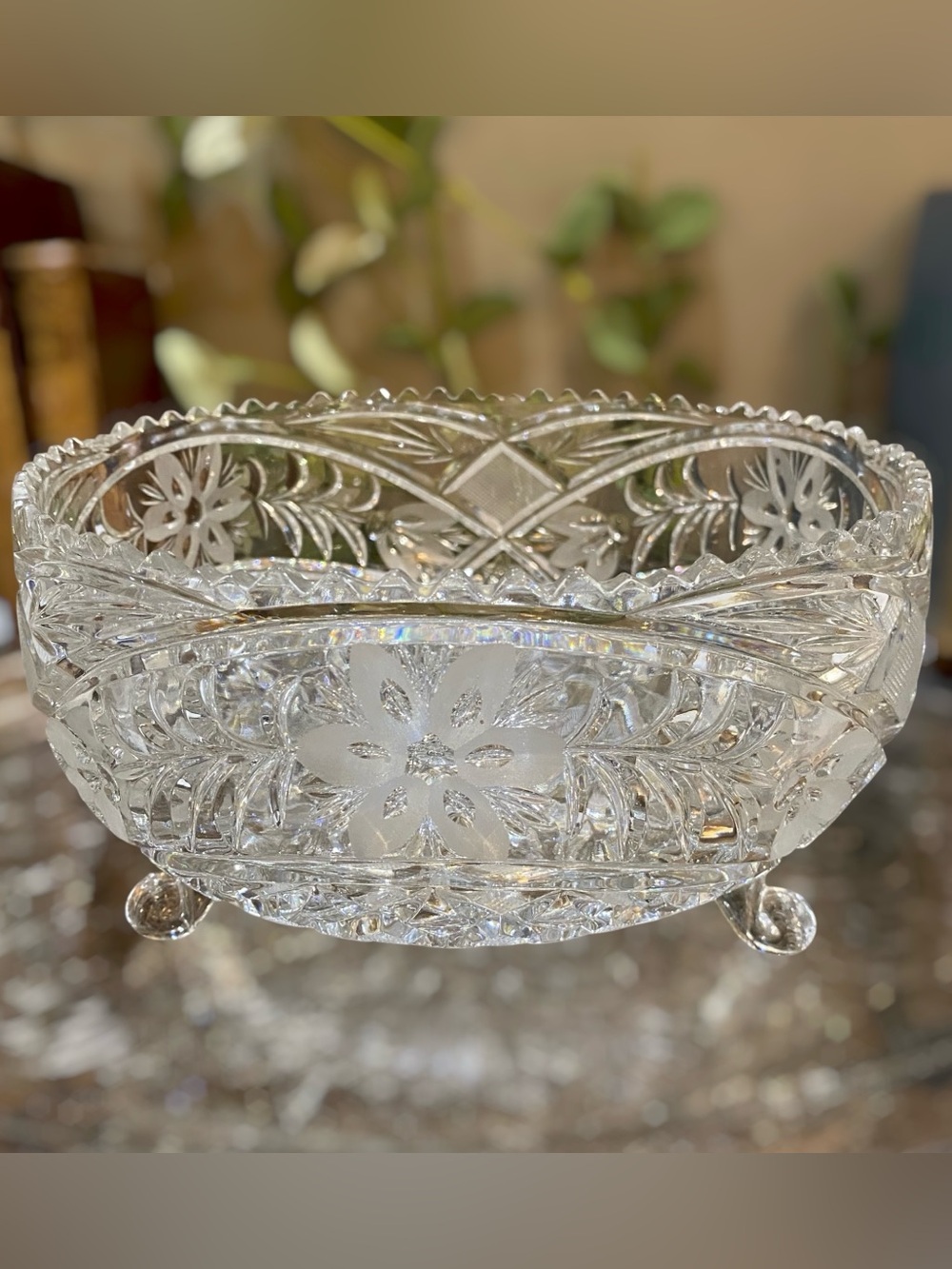 Antique American Brilliant Cut Glass Tri-Footed Bowl Vintage Centerpiece